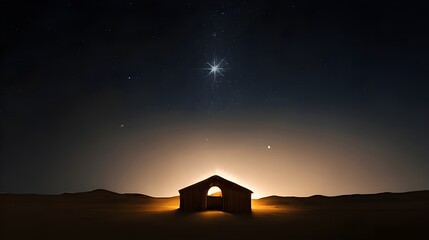 Nativity. Silhouette of a stable in the desert with starry sky and bright comet.