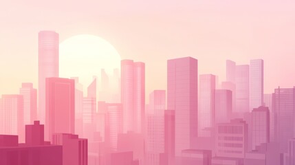 Soft pink sunset over a modern city skyline.