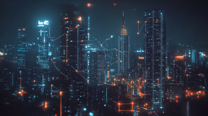 Fototapeta premium Smart digital Innovation city with connection network reciprocity over the cityscape. of future smart wireless digital city and social media networking systems that connects people with in city