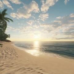 Sunset Over Serene Beach With Gentle Waves and Soft Sand, Capturing the Tranquility of Nature at Golden Hour