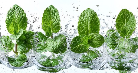 Spritzing water on a set of fresh green mint leaves, Generative Ai.