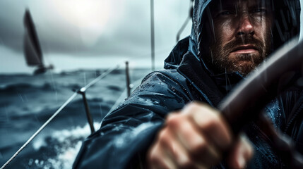 Sailor braving stormy waters while steering a boat