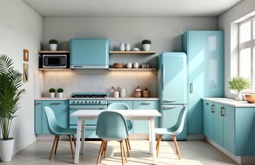 Fototapeta premium Modern kitchen mockup with bright blue cabinets, white walls. Freshly prepared meals implied. White dining table, chairs present. Plenty of natural light fills space. Interior design for home cooking