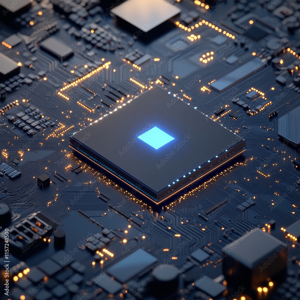 Aufkleber Close-up View of a Modern Computer Processor on a Circuit Board With Intricate Lighting and Electronic Components During a Black Background Setting