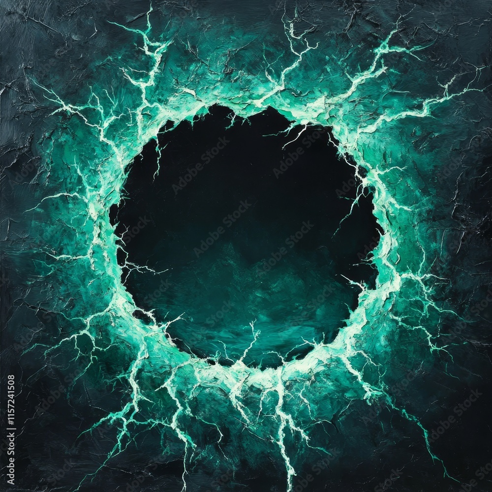 Poster abstract art depicting a glowing turquoise circular void with lightning-like patterns on a dark back