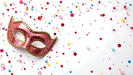 The carnival mask lies on a white background with colorful confetti. The carnival pattern on the right has a lot of free space.
