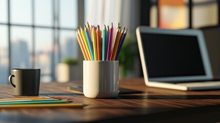 A sleek pencil vase filled with colorful pencils, sitting on a minimalist office desk with a laptop and a coffee cup.