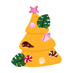 Christmas tree made of beach sand is decorated with shells and tropical leaves on white. Cone shapes. Christmas holidays in the tropics, on vacation. Isolated beach exhibit for greeting cards, banners