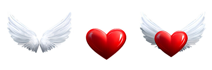 Set of 3d hearts with angel wings, red heart shape and white wings png. Concept of love and feelings. Elements for Valentine's Day designs.