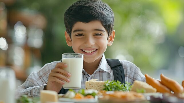 A smiling boy in a school uniform drinking milk with a healthy lunch spread in front of him.