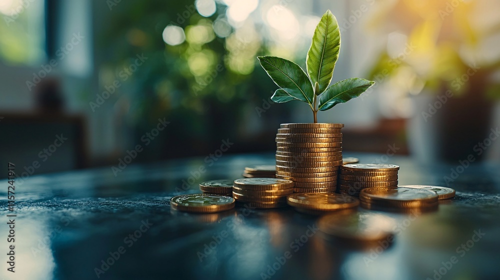 Poster isolated on white background stack of golden coins with a small plant growing on top representing fi