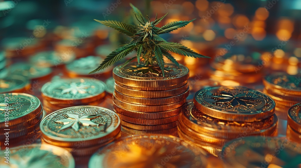Poster isolated on white background stack of golden coins with a small plant growing on top representing fi