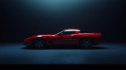 A red vintage Corvette is shown in a studio setting.