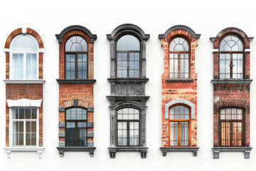 Fototapeta premium A collection of five distinct architectural window designs on a white wall. isolated on white background
