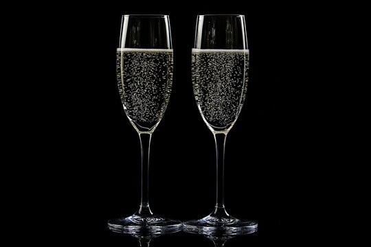 A pair of champagne glasses filled with lively bubbles set against a black backdrop evokes themes of sophistication and celebration, ideal for luxurious events and occasions.