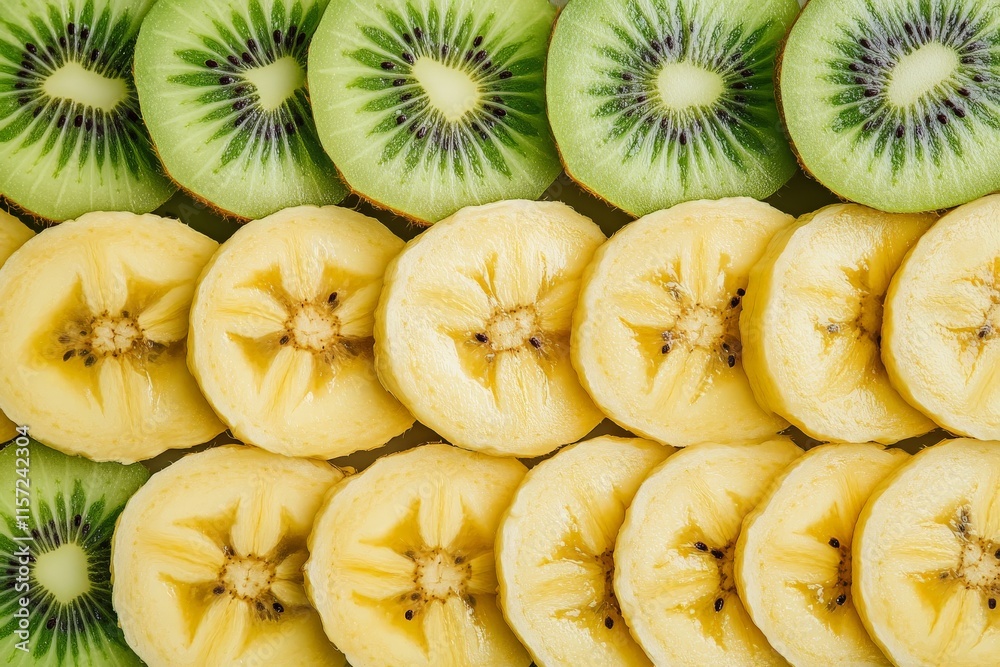 Aufkleber A vivid and symmetrical composition showcasing neatly sliced kiwi and banana pieces, creating a visually appealing pattern with vibrant colors and smooth textures.