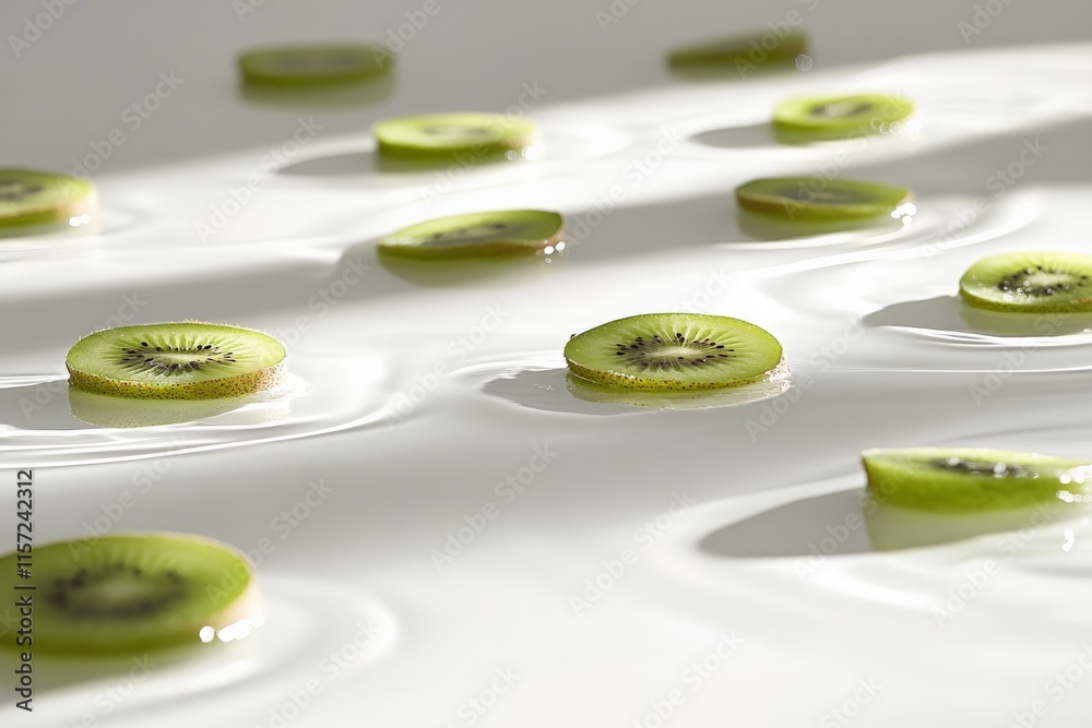 Aufkleber kiwi slices are artistically arranged to float on the surface of water, beautifully illuminated by s