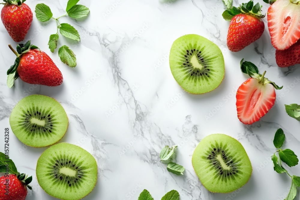 Poster Fresh kiwis and strawberries are strategically placed with mint leaves scattered on a marble background, creating a refreshing and vibrant arrangement.