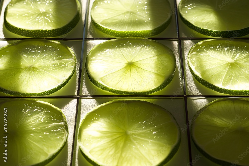 Fototapete A closeup of lime slices lit from behind, showcasing their translucent texture and vibrant green color, creating a fresh and invigorating visual effect.