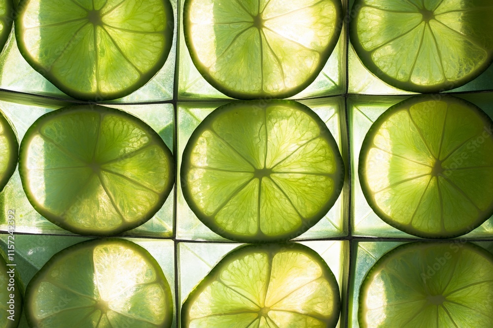 Aufkleber Closeup image of backlit lime slices arranged in a symmetrical pattern, highlighting the intricate details and vibrant colors of this fresh citrus fruit.