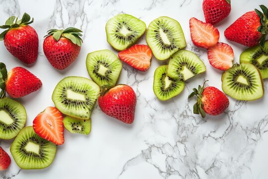Strawberries and kiwi slices are randomly scattered on a marble background, highlighting their vibrant colors and natural shapes in a casual and artistic manner.