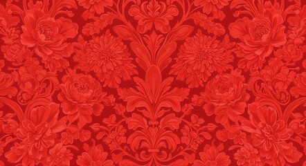 "Crimson Elegance: Ornate Floral Brocade Design"