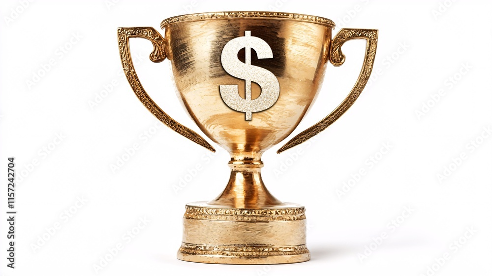 Poster isolated on white background gold trophy with a dollar sign etched on the front representing financi