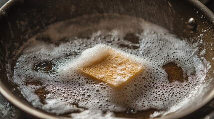 A sponge scrubbing the bottom of a greasy pan, with foam and grease visibly being cleaned away.