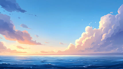 Fototapeta premium A serene and peaceful landscape features a vast expanse of blue sky dotted with wispy spindrift clouds at sunset, gentle breeze, calm sea. Spindrift. Illustration