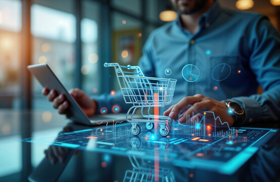 Businessman uses digital tablet to manage ecommerce marketplace. Interacts with virtual shopping cart, sales data. Plan for retail expansion, online store growth underway. Business tech key for