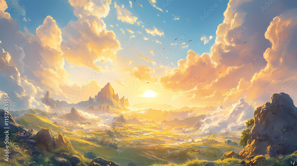 Poster A sky ablaze with warm golden light and soft blue hues at sunset features spindrift clouds drifting gently across the heavens, natural wonder , golden light, serene landscape. Spindrift. Illustration