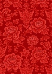 "Crimson Elegance: Ornate Floral Brocade Design"