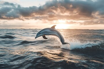 Obraz premium Beautiful dolphin leaping out of vibrant blue water during a stunning golden sunset, with fluffy clouds painting the sky in the background, creates a serene and dynamic scene