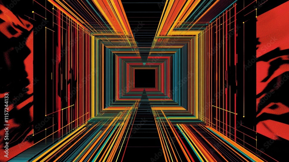 Poster vibrant geometric tunnel abstract with lines in various colors creating a mesmerizing depth effect
