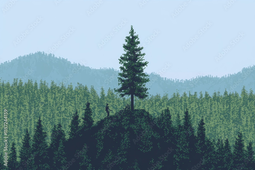 Poster a flat geometric illustration of a hunter tree stand overlooking a forest, with sharp clean lines an