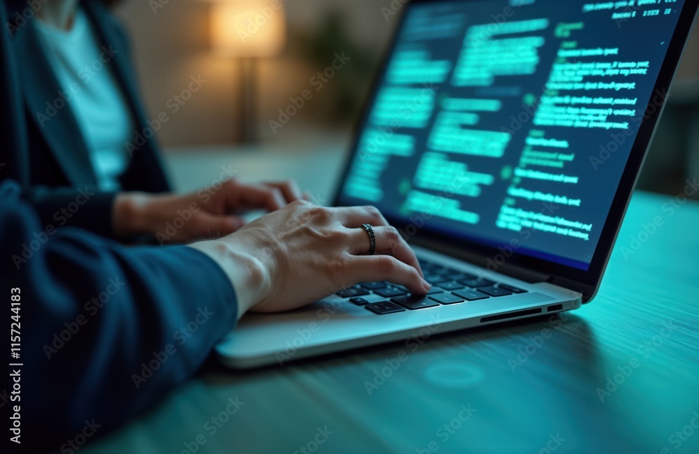 Poster Person working on laptop late night. Hands typing on keyboard. Screen displays code. Concentrated focus on tech project. Possible virtual meeting or research session. Modern tech workplace at home.