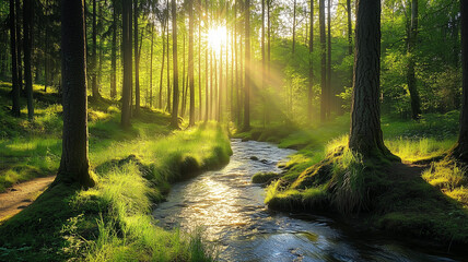 Obraz premium A peaceful forest landscape with sunlight streaming through the trees, casting shadows on a winding forest stream. Ai generated