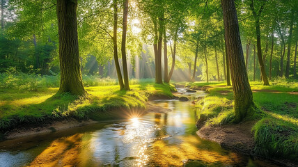 Obraz premium A peaceful forest landscape with sunlight streaming through the trees, casting shadows on a winding forest stream. Ai generated