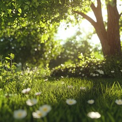 Sunlight Filters Through Leaves in a Vibrant Green Garden Filled With Blooming Flowers and Lush Grass During a Serene Afternoon