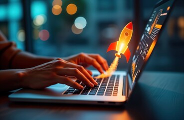 Person types on laptop. Rocket graphic flies above keyboard. Startup business growth concept. Digital marketing, innovation. Tech business plan strategy. Future, economic progress. Financial
