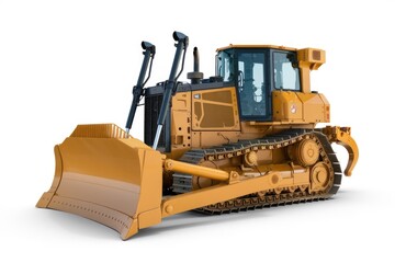 A powerful yellow bulldozer, ready for heavy-duty earthmoving tasks, showcasing its robust design and advanced features.