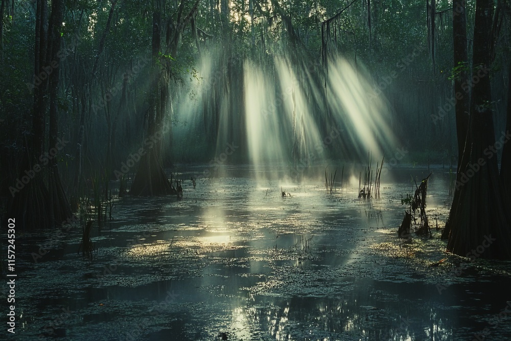 Poster Sunlight pierces through a misty swamp scene, highlighting gnarled trees and creating ethereal light beams that evoke a mood of mystery and natural wonder.