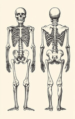Human skeleton, front and back view of a full-length human body.