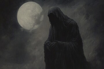 Fototapeta premium A gothic hunter in dark, flowing cloaks, stalking a shadowy beast under the eerie light of a full moon