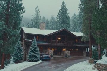 Obraz premium A gothic-inspired winter cabin in the woods, with dark snow-covered trees and faint candlelight glowing through frosty windows