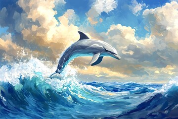 Fototapeta premium Energetic dolphin leaping gracefully over a crashing ocean wave, surrounded by a vibrant sky filled with colorful clouds, creating a stunning and picturesque seascape
