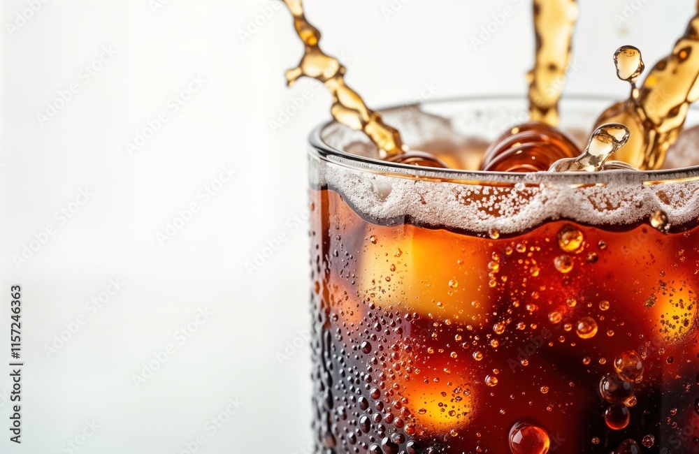 Poster Close-up view of soda drink in glass with ice cubes. Sparkling liquid with bubbles. Splash of soda visible. Drink cold, refreshing. Transparent glass. Lots of small bubbles. Bright white background.