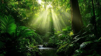 Obraz premium A serene and inviting green forest with sunlight filtering through the canopy, casting soft light over a gentle stream. Ai generated