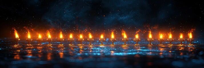 A row of lit candles on a reflective surface against a dark, starry background.