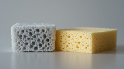 A worn sponge next to a new one, representing the life cycle of a dishwashing tool, on a clean surface.